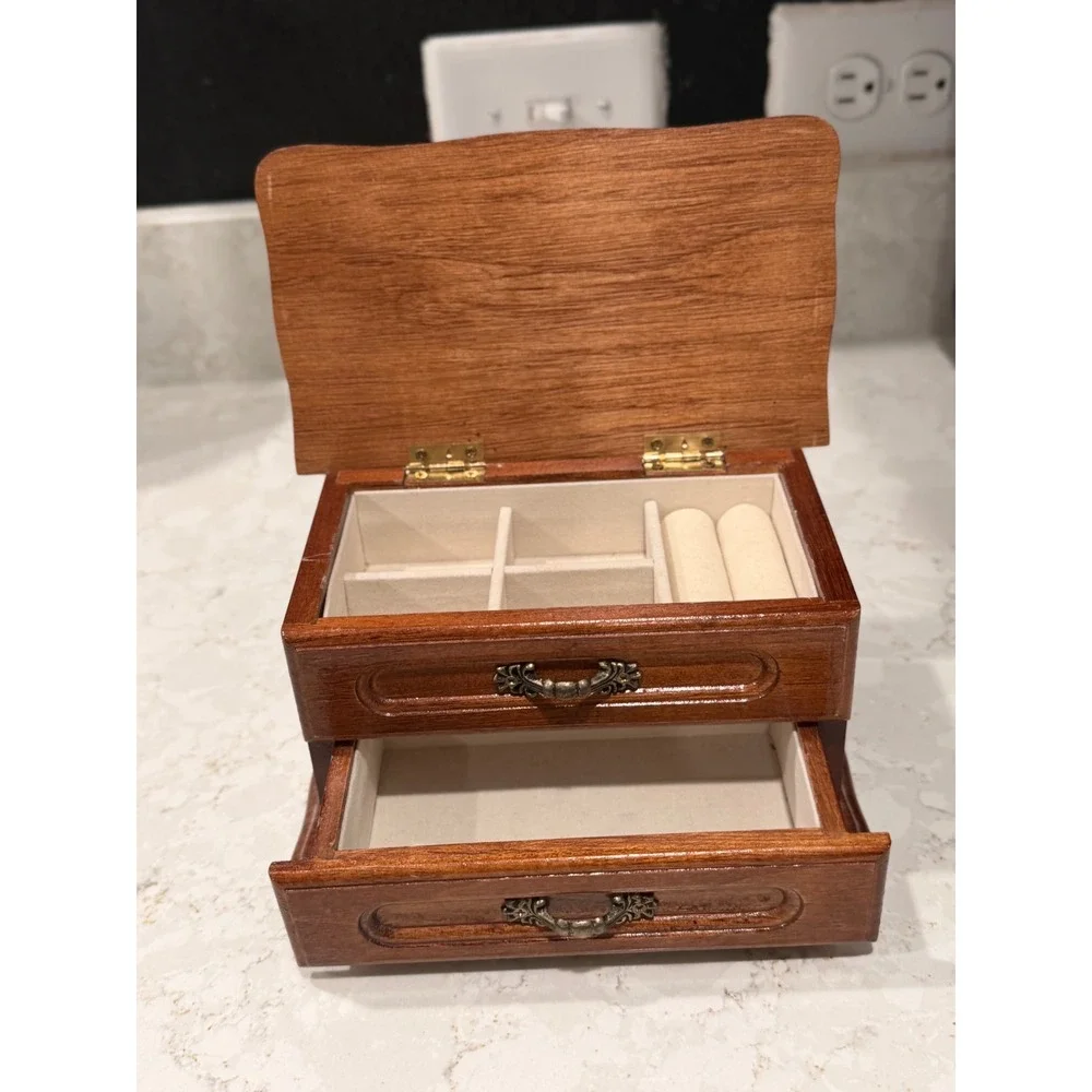 Small Wooden Jewelry Box with Drawer and Ring Inserts Warm Brown Finish Vintage